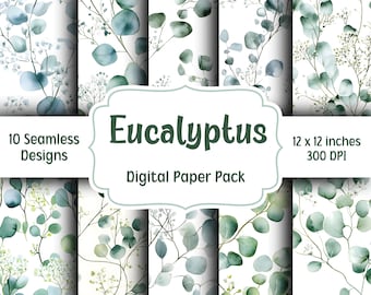 Eucalyptus Watercolor Floral Digital Paper Pack, Seamless Designs, Sage Green Digital Paper, Junk Journal Paper, Scrapbook Printable Paper