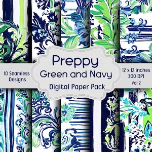 Preppy Green and Navy Digital Paper Bundle, 10 Seamless Designs, Junk Journal Paper, Scrapbook Printable Paper, Watercolor Floral Paper Pack