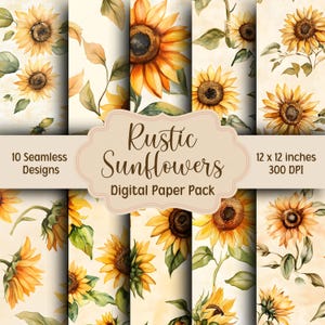 Rustic Sunflowers Digital Paper Pack, Floral Digital Paper, 10 Seamless Patterns, Floral Background, Watercolor Sunflowers Digital Paper