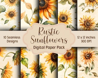 Rustikale Sonnenblumen Digital Paper Pack, Floral Digital Paper Pack, 10 Nahtlose Muster, Floraler Hintergrund, Aquarell Sonnenblumen Digital Paper Pack