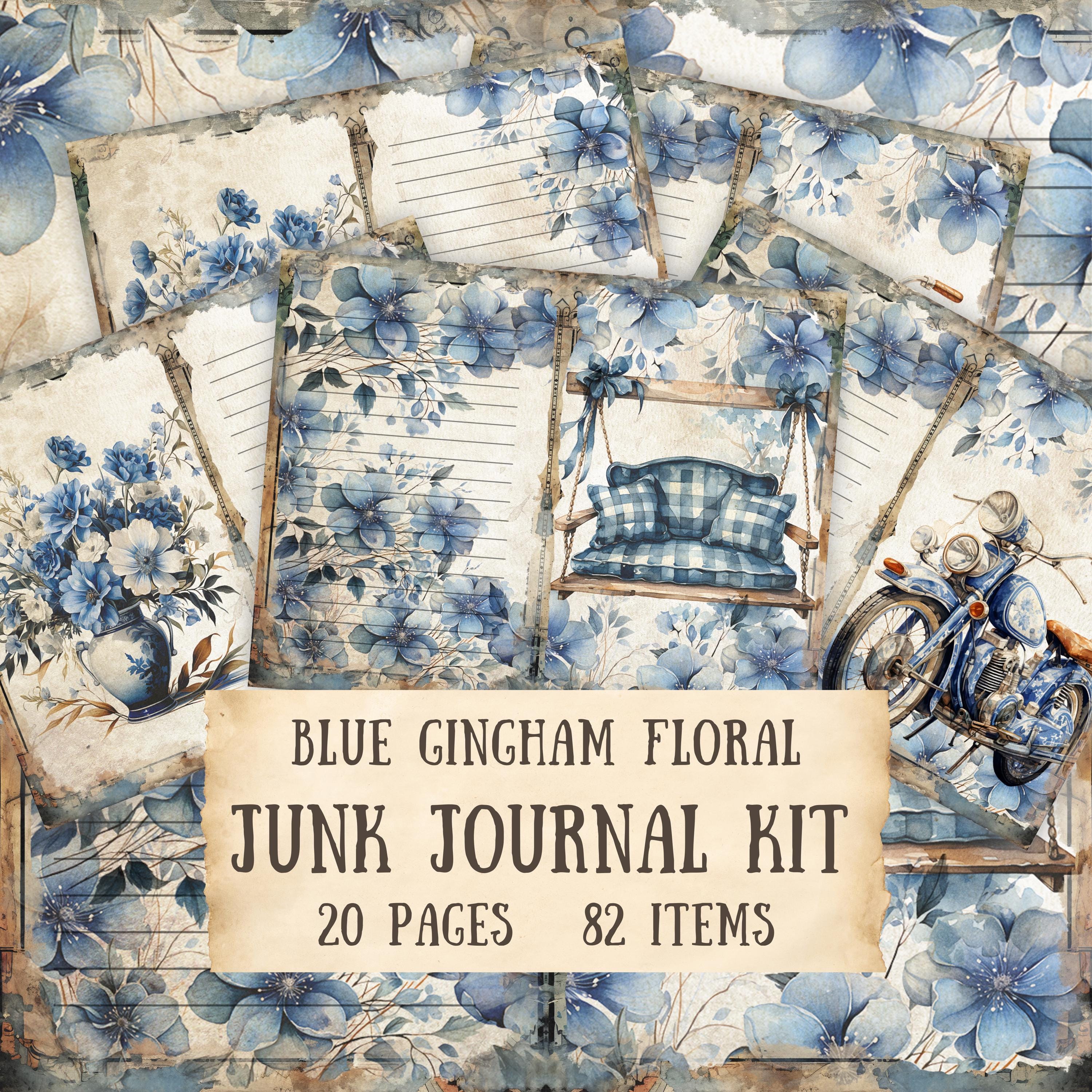 Junk Journal Kit, Vintage Blue Gingham and Floral Junk