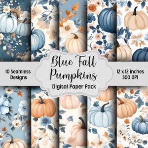 May include: A digital paper pack with 10 seamless designs featuring blue and orange pumpkins, white flowers, and blue leaves on a white and blue background. The text "Blue Fall Pumpkins Digital Paper Pack" is displayed on the image. Each design is 12 x 12 inches and 300 DPI.