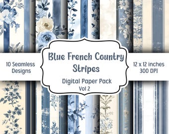 Blaue Französische Land Streifen Digitales Papier, 10 nahtlose Muster, Vintage Blumen Streifen Hintergrundmuster, digitales Scrapbook Papier