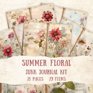 Junk Journal Kit, Summer Floral Junk Journal Kit, 21 Printable Pages, 79 Items, Vintage Flowers Ephemera, Tags, Folders, Covers, Pockets