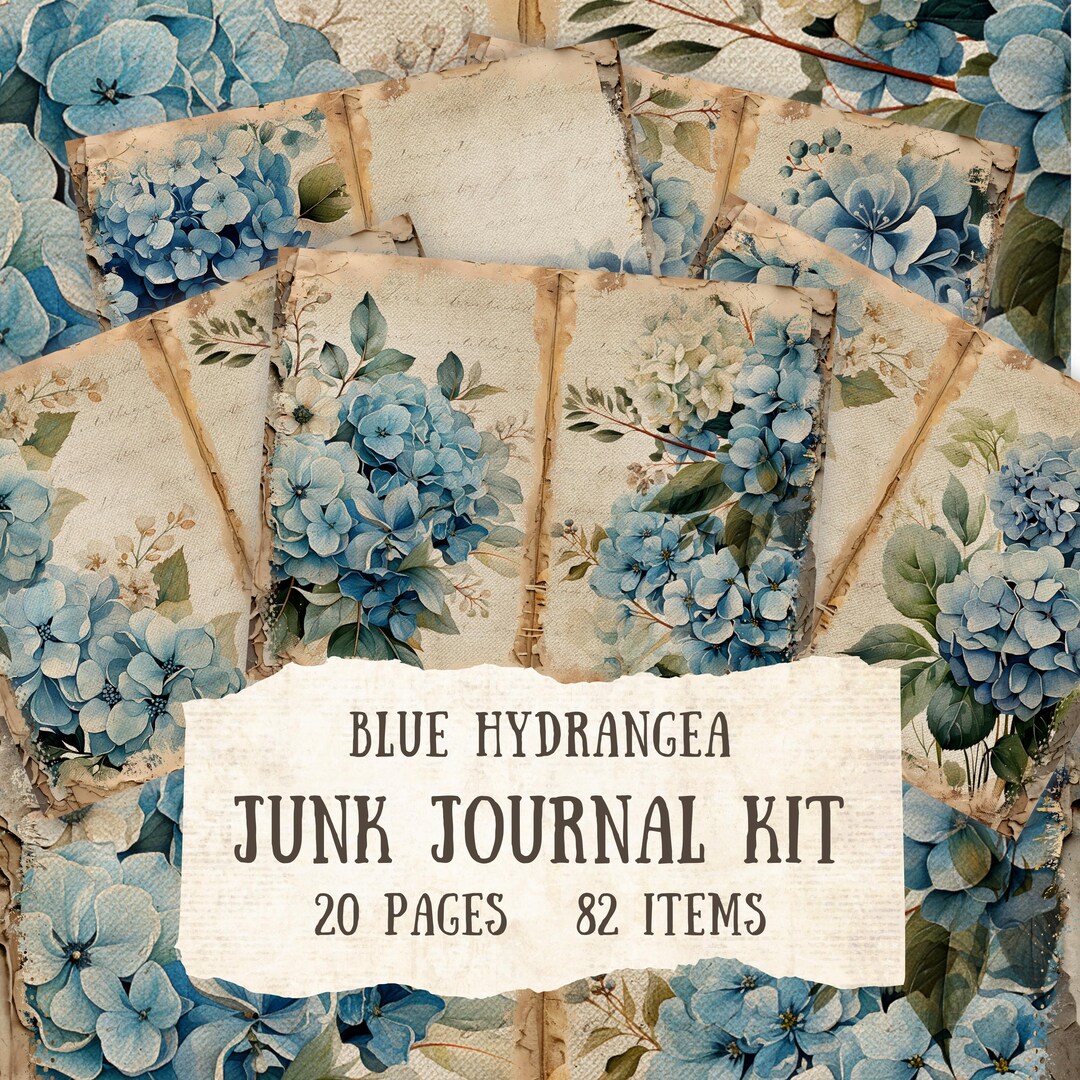 Junk Journal Kit, Blue Hydrangea Floral Junk Journal Kit, 20 Printable ...