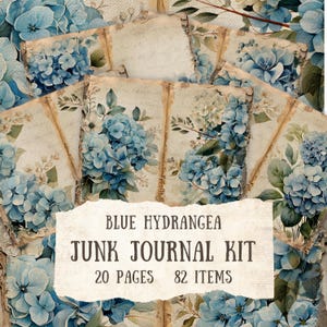 Junk Journal Kit, Blue Hydrangea Floral Junk Journal Kit, 20 páginas para impressão, 82 itens, itens efêmeros, etiquetas, pastas, capas, bolsos, envelopes