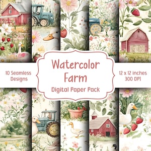 Könnte beinhalten: Ein digitales Papierpaket mit zehn nahtlosen Bauernhof-Designs in Aquarell. Die Illustrationen zeigen rote Scheunen, Traktoren, Enten, Erdbeeren und florale Muster. Der Text auf dem Bild lautet "Watercolor Farm Digital Paper Pack". Jedes Papier ist 30,48 x 30,48 cm groß.