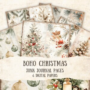 Páginas imprimíveis de diário de Natal Boho Junk, páginas de diário de Natal Junk, papéis digitais de inverno, papel para scrapbook digital, papel para diário