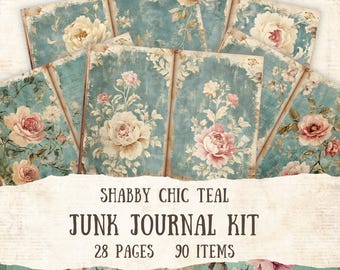 May include: A collection of teal-colored junk journal pages with floral designs. The pages feature a distressed, vintage aesthetic with roses and other flowers in shades of pink, cream, and yellow. The text on the image reads "SHABBY CHIC TEAL JUNK JOURNAL KIT 28 PAGES 90 ITEMS."