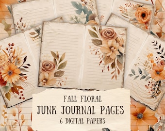 Fall Floral Junk Journal Printable Pages, Watercolor Autumn Junk Journal Pages, Digital Papers, Digital Scrapbook Paper, Journal Paper Kit