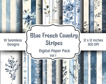 Blaue Französische Land Streifen Digitales Papier, 10 nahtlose Muster, Vintage Blumen Streifen Hintergrundmuster, digitales Scrapbook Papier