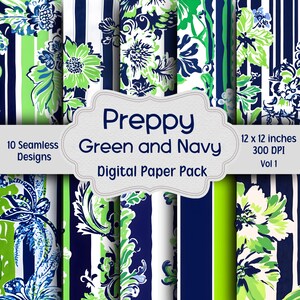 Preppy Green and Navy Digital Paper Bundle, 10 Seamless Designs, Junk Journal Paper, Scrapbook Printable Paper, Watercolor Floral Paper Pack