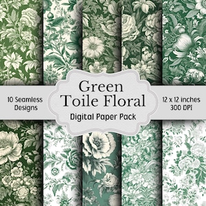 Confezione di carta digitale floreale Green Toile, Toile de Jouy, 10 motivi senza soluzione di continuità, sfondi Chinoiserie verdi e bianchi, carta per album digitale