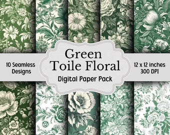 Green Toile Floral Digital Paper Pack, Toile de Jouy, 10 Seamless Patterns, Green and White Chinoiserie Backgrounds, Digital Scrapbook Paper