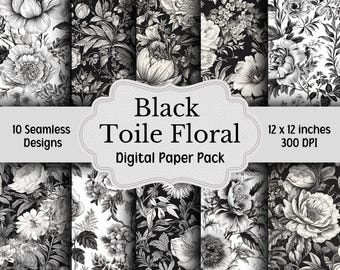 Black Toile Floral Digital Paper Pack, Toile de Jouy, 10 Seamless Patterns, Black and White Chinoiserie Backgrounds, Digital Scrapbook Paper