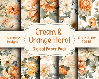 Paquete de papel digital floral crema y naranja, 10 patrones sin costuras, fondo floral, papel digital floral para álbumes de recortes.
