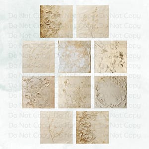 May include: A set of 10 digital paper textures featuring a vintage aesthetic with floral and ornate designs in shades of beige and cream.
