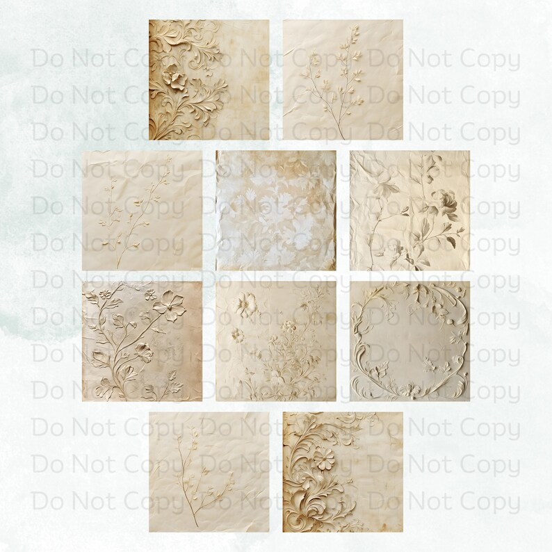 May include: A set of 10 digital paper textures featuring a vintage aesthetic with floral and ornate designs in shades of beige and cream.