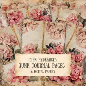 Puede incluir: Seis papeles digitales con flores de hortensias rosas sobre un fondo vintage y desgastado. Los papeles son perfectos para scrapbooking, junk journaling y otras manualidades de papel.