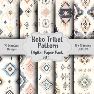 Boho tribal patroon digitaal papierpakket, neutrale inheemse patronen, 10 naadloze patronen, boho-achtergronden, afdrukbaar plakboekpapier