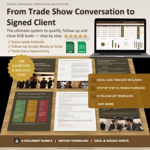 Può includere: Un sistema di vendita per fiere in download digitale che include un manuale di 21 pagine, un tracker di lead in Excel e 8 modelli di follow-up. Il pacchetto di documenti contiene il testo From Trade Show Conversation to Signed Client, con grafici e fogli di calcolo visualizzati sullo schermo di un computer portatile.