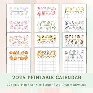 2025 Printable Calendar | Monthly Theme Printable Calendar | Instant Download | Monday and Sunday start | US Letter and A4 | PRINTABLE PDF