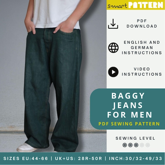 Baggy Jeans Sewing Pattern for Men, Us-size 28R-50R, Extra Loose