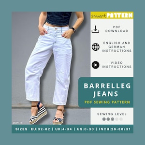 Barrelleg Jeans Sewing Pattern for Women, US-Size 0-30, slightly pronounced barrel shape