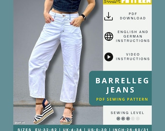 Barrelleg Jeans Sewing Pattern for Women, US-Size 0-30, slightly pronounced barrel shape
