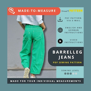 Patrón de costura para pantalones vaqueros tipo barrilleg con inserción lateral para mujer, a medida, instrucciones de costura paso a paso.