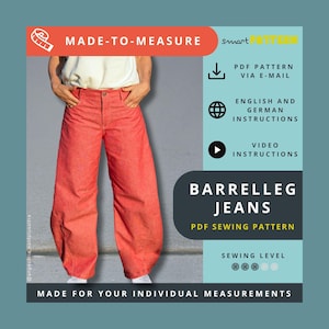 Wykrój na dżinsy z nogawkami typu „barrel leg”: zaszewki na kolanach i u dołu (wykrój w formacie PDF)