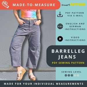 Barrelleg Jeans Sewing Pattern with wedge insert for Women, Made-to-Measure, step-by-step sewing instructions
