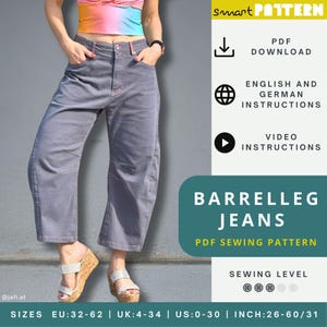 Barrelleg Jeans Sewing Pattern for Women, US-Size 0-30, with wedge insert & knee darts