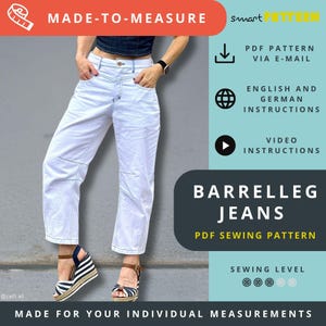 Barrelleg Jeans Sewing Pattern with knee and hem darts for Women, Made-to-Measure, 7/8 length, step-by-step sewing instructions