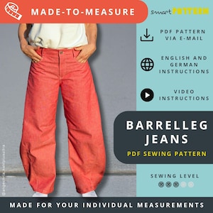 Barrelleg Jeans Sewing Pattern with knee and hem darts, extra strong barrel shape, Made-to-Measure, step-by-step sewing instructions