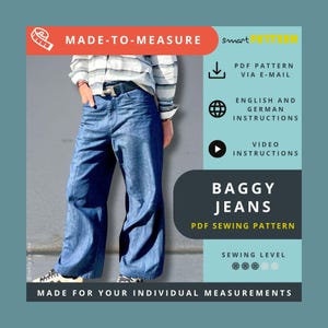 Modello di cucito per jeans larghi da donna, con pinces sulle ginocchia, su misura, istruzioni di cucito passo dopo passo