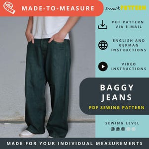 Baggy Jeans Sewing Pattern for Men, extra deep crotch & extra loose fit, Made-to-Measure, step-by-step sewing instructions