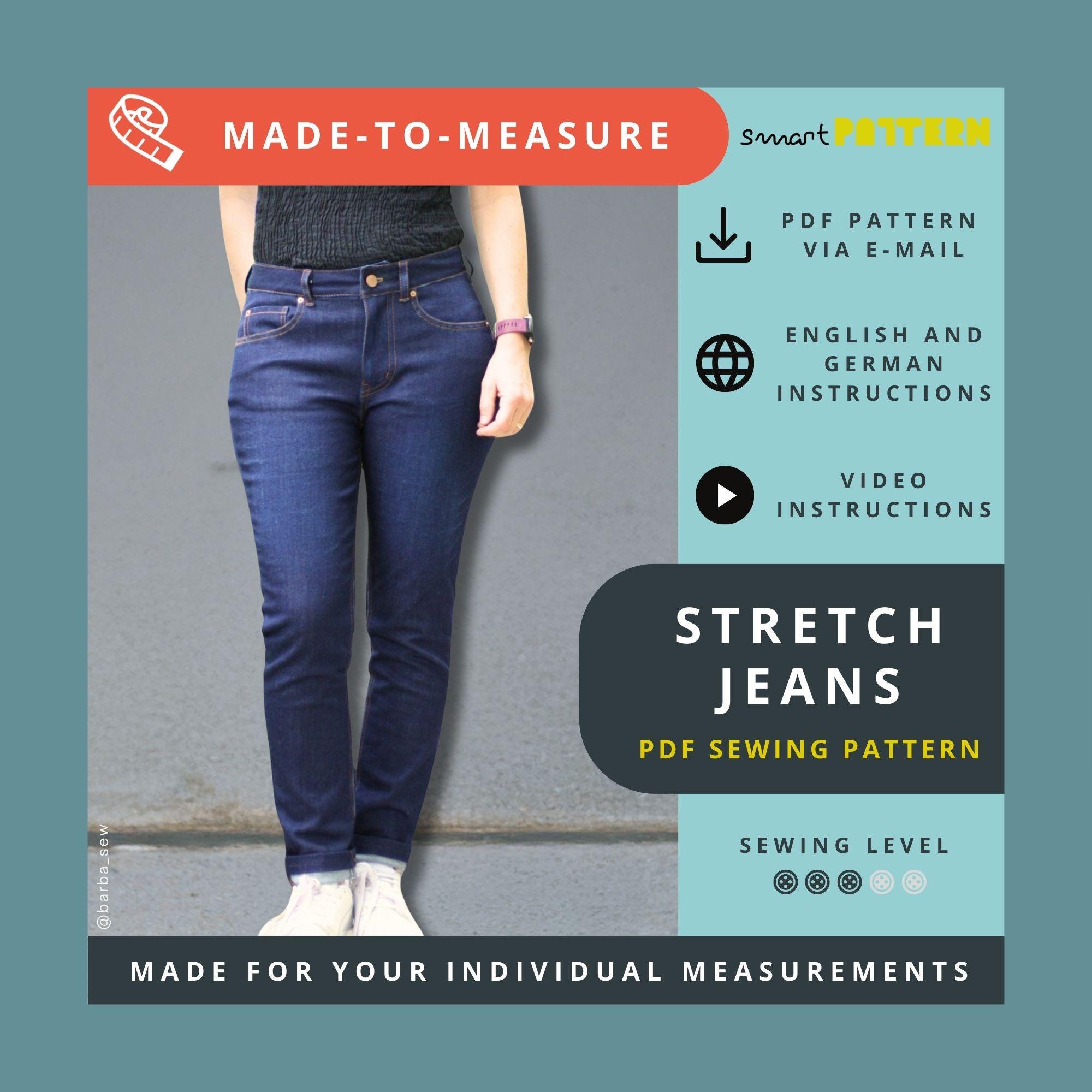 女性用ストレッチジーンズの裁縫パターン（スリムフィット、PDF