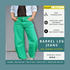 Könnte beinhalten: Helle grüne Jeans mit weitem Bein. Das Bild enthält ein PDF-Schnittmuster mit englischer und deutscher Anleitung sowie Videoanleitungen. Das Muster enthält die Größen EU:32-62 und cm-Maße.