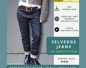 Selvedge Jeans Sewing Pattern for women, US-size 0-22, tapered fit