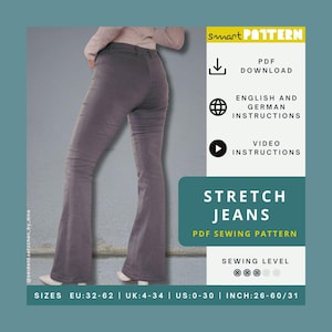 Stretch Jeans Sewing Pattern for Women, US-size 0-30, bootcut, high waist