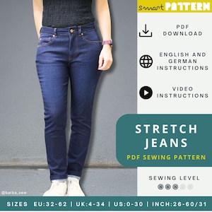 Stretch Jeans Sewing Pattern for Women, US-size 0-30, slim fit, mid waist