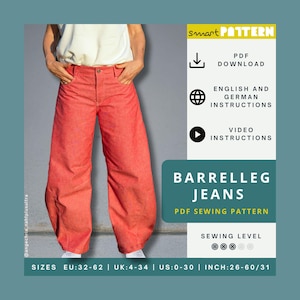 Mönster för barrelleg jeans för kvinnor, US-storlek 0-30, extra stark passform