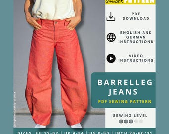 Barrelleg Jeans Sewing Pattern for Women, US-size 0-30, extra strong shape