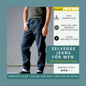 Patrón de costura para jeans con orillo para hombre, tallas estadounidenses 28R-50R, corte cónico