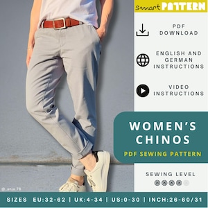 Chinos Sewing Pattern for Women, US-size 0-30, classic fit, mid waist, welt pockets