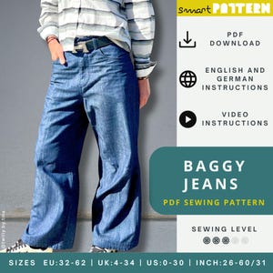 Baggy Jeans Sewing Pattern for Women, US-Size 0-30, regular fit, straight leg shape, knee darts