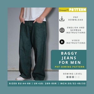 Baggy Jeans Sewing Pattern for Men: Extra Loose Fit (US 28R-50R) (PDF Download)