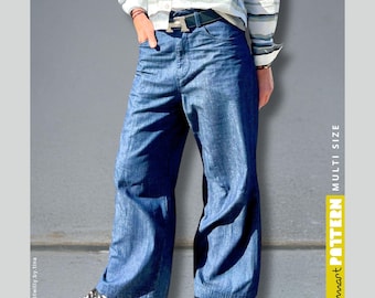 Könnte beinhalten: Blaue Jeanshose mit weitem Bein und schwarzem Gürtel. Die Hose hat eine hohe Taille und eine lockere Passform. Der Text "Smart Pattern Multi Size" ist auf der rechten Seite des Bildes zu sehen.