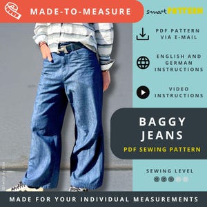 Baggy Jeans Sewing Pattern for Women, with knee darts, Made-to-Measure, step-by-step sewing instructions